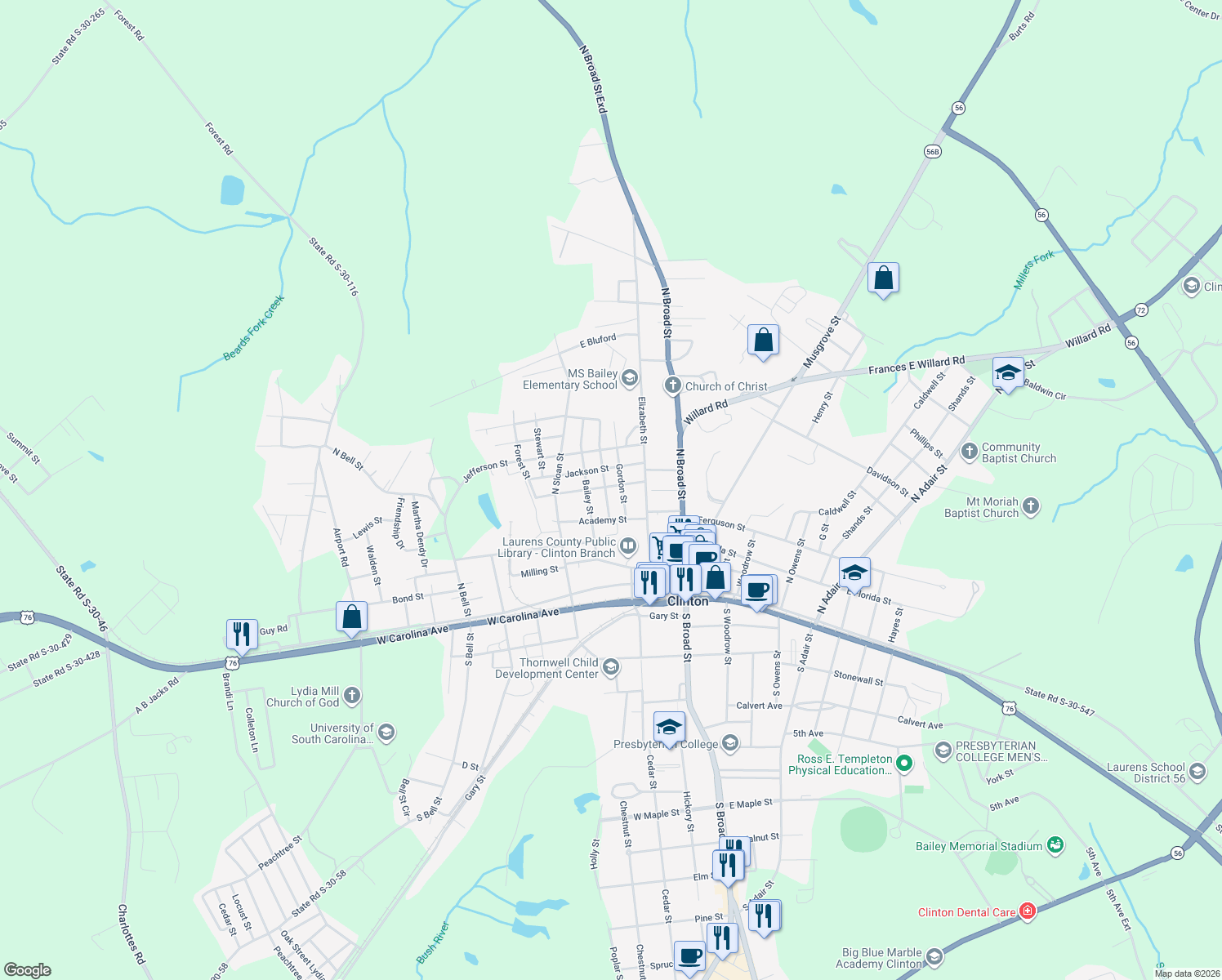 map of restaurants, bars, coffee shops, grocery stores, and more near 110 Florence St in Clinton