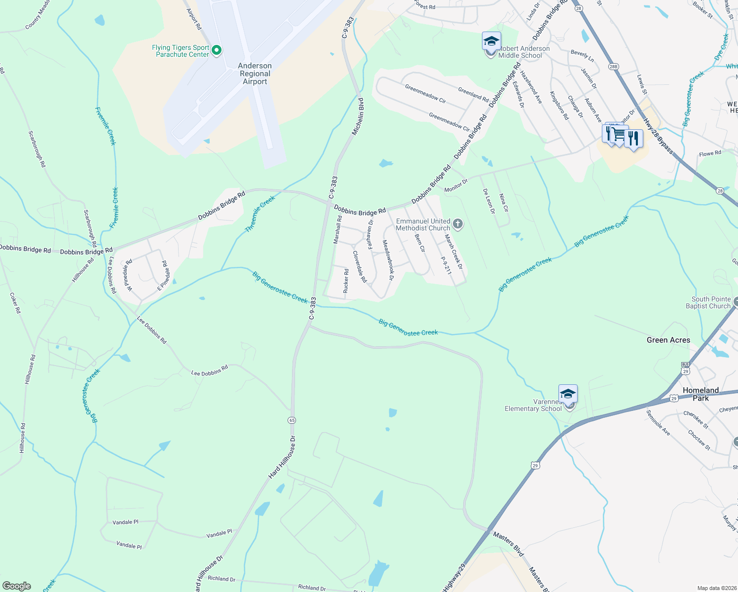 map of restaurants, bars, coffee shops, grocery stores, and more near 120 Cloverdale Drive in Anderson