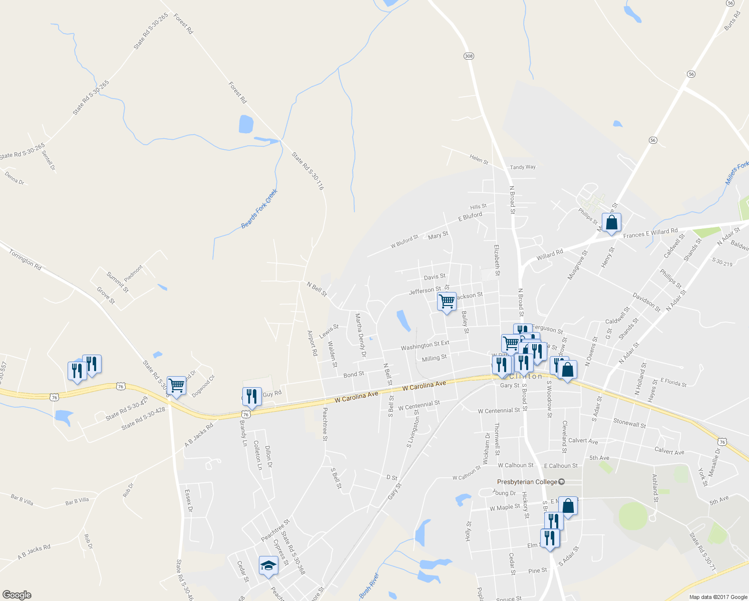 map of restaurants, bars, coffee shops, grocery stores, and more near 111 Bartee Circle in Clinton