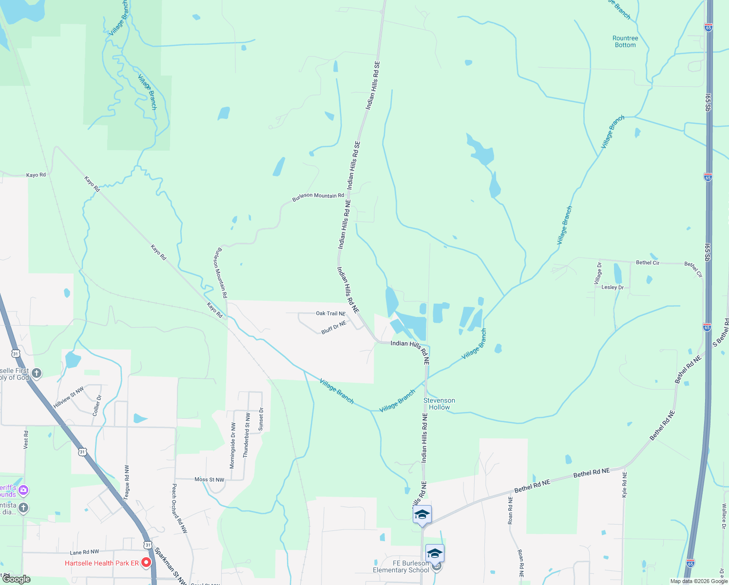 map of restaurants, bars, coffee shops, grocery stores, and more near 1912 Indian Hills Road Northeast in Hartselle