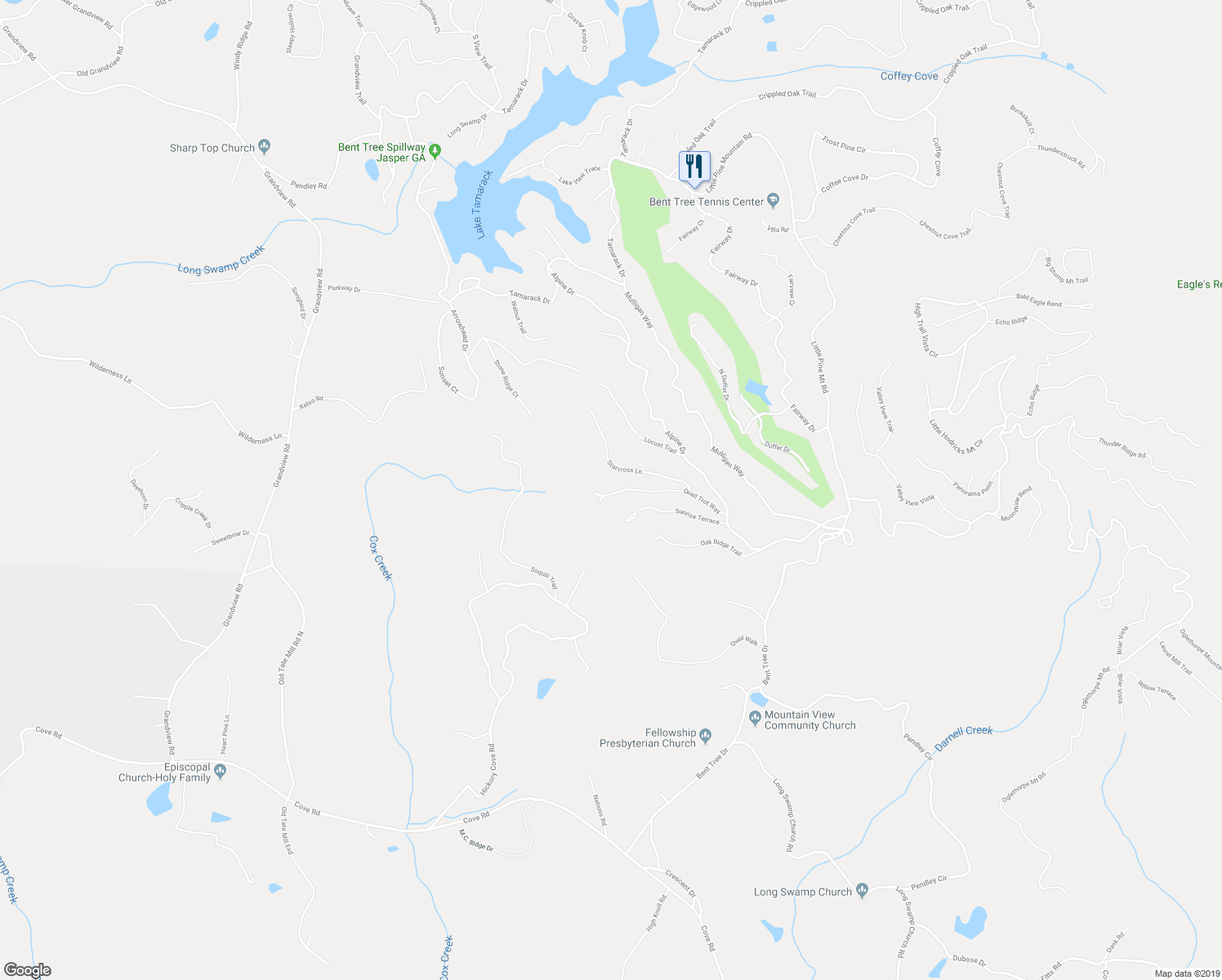 map of restaurants, bars, coffee shops, grocery stores, and more near 206 Quail Trot Way in Jasper