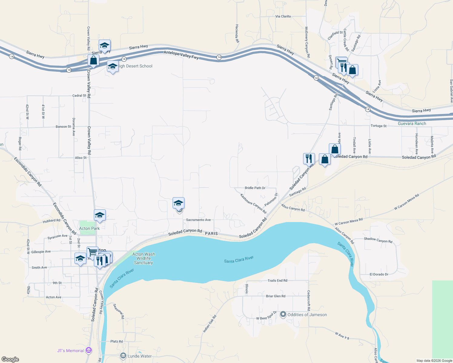 map of restaurants, bars, coffee shops, grocery stores, and more near 2545 Soledad Canyon Road in Acton