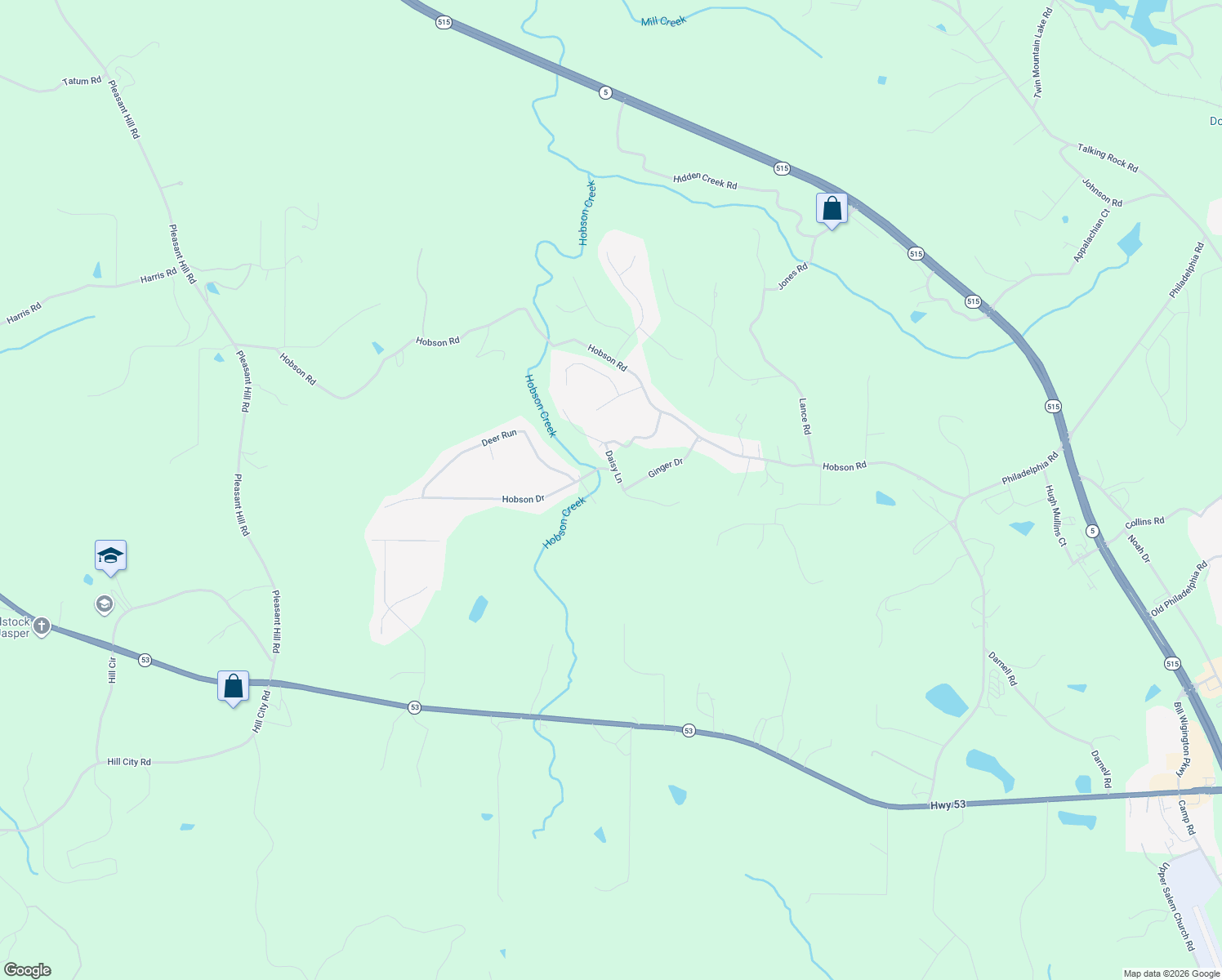map of restaurants, bars, coffee shops, grocery stores, and more near 135 Daisy Lane in Jasper
