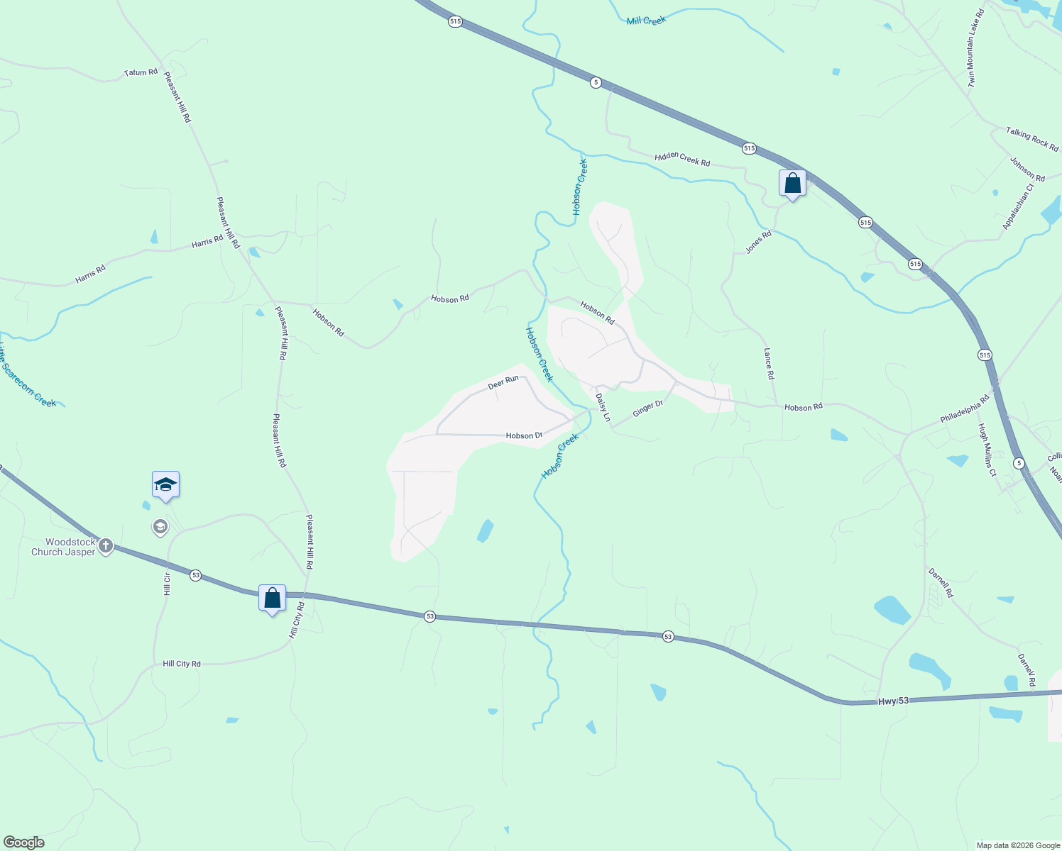 map of restaurants, bars, coffee shops, grocery stores, and more near 262 Hobson Drive in Jasper