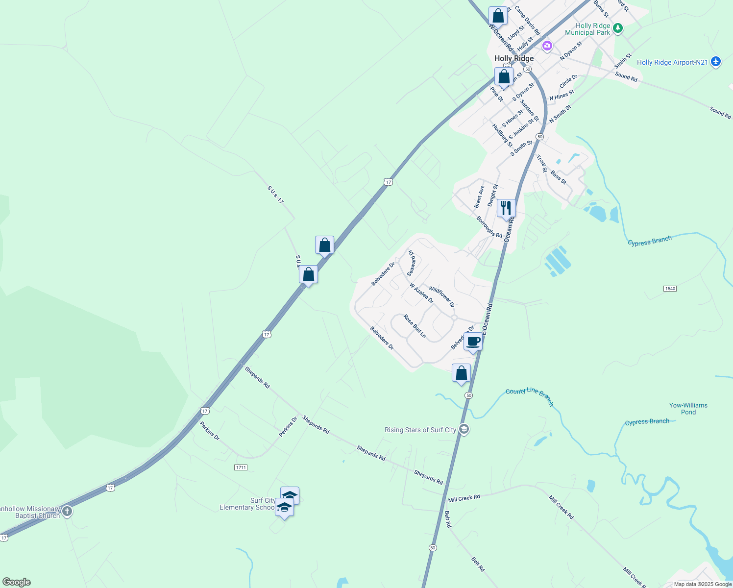 map of restaurants, bars, coffee shops, grocery stores, and more near 326 Belvedere Drive in Holly Ridge