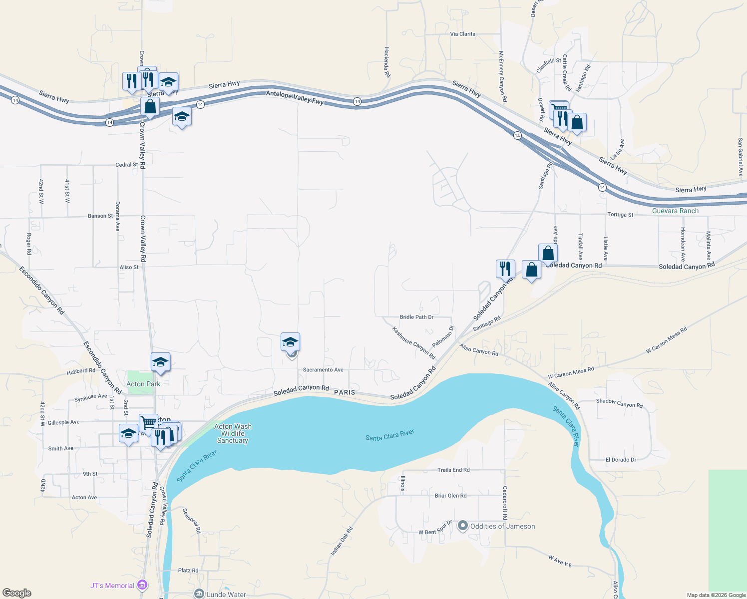 map of restaurants, bars, coffee shops, grocery stores, and more near 2825 Soledad Canyon Road in Acton
