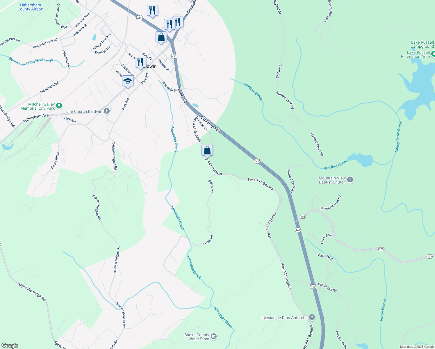 map of restaurants, bars, coffee shops, grocery stores, and more near 6804 Highway 441 Bypass in Baldwin