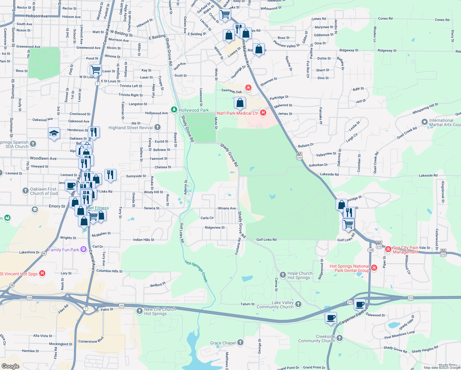 map of restaurants, bars, coffee shops, grocery stores, and more near 500 Shady Grove Road in Hot Springs