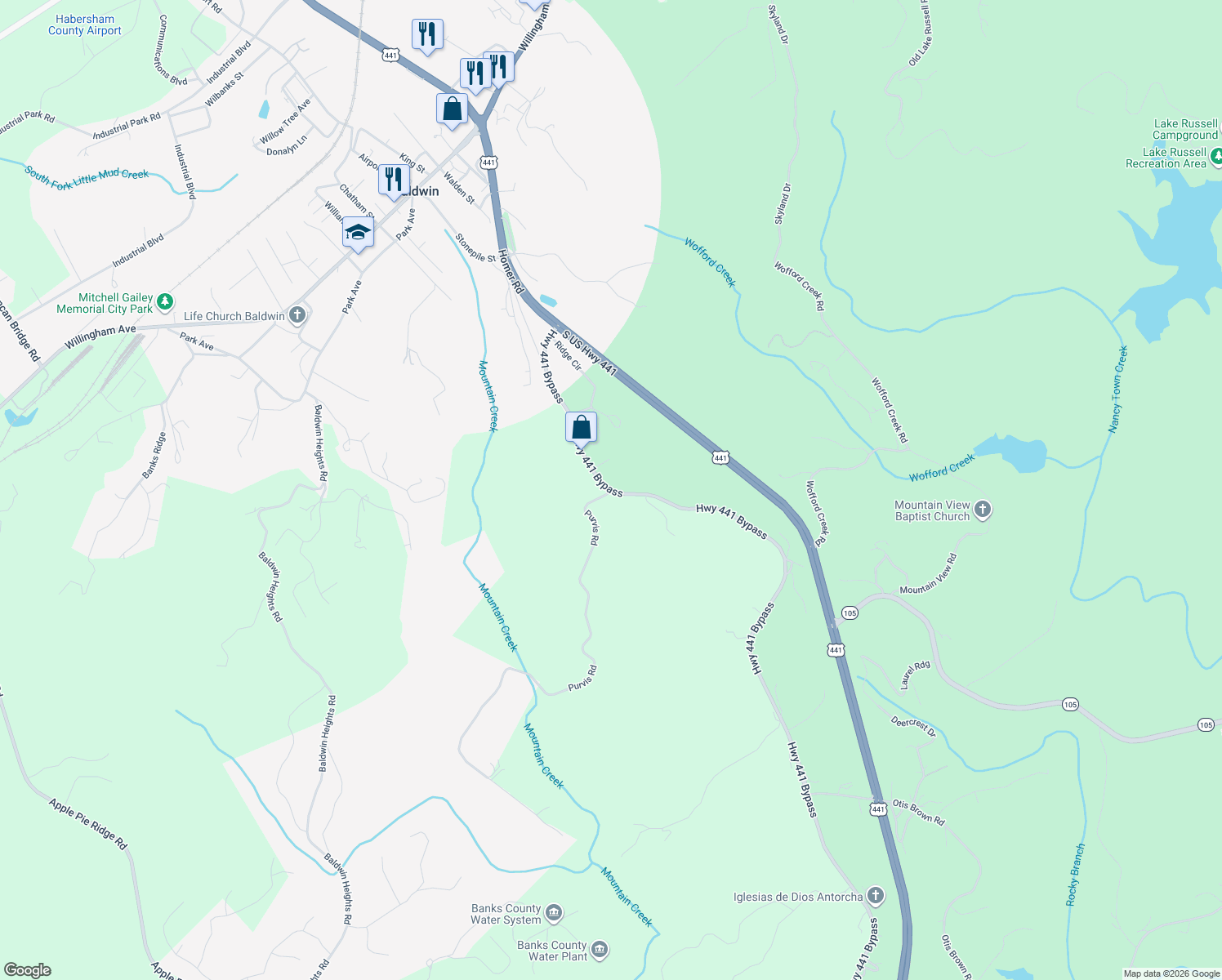 map of restaurants, bars, coffee shops, grocery stores, and more near 6804 Highway 441 Bypass in Baldwin