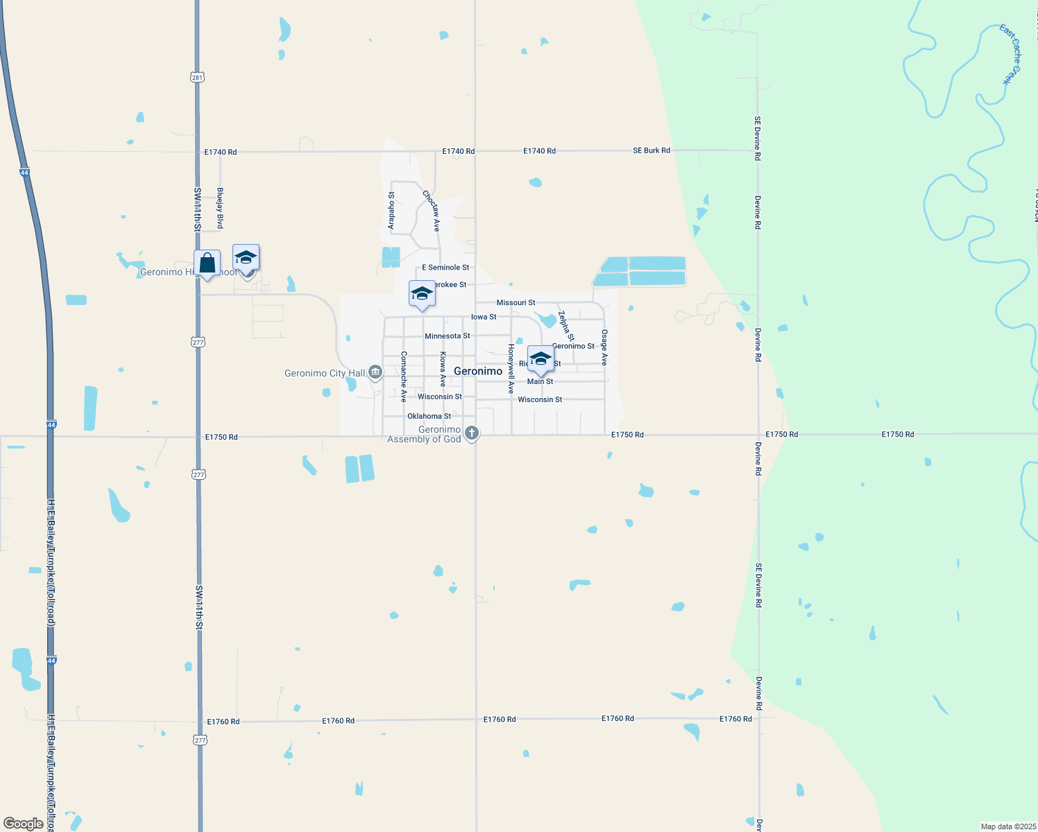 map of restaurants, bars, coffee shops, grocery stores, and more near 605 Honeywell Avenue in Geronimo