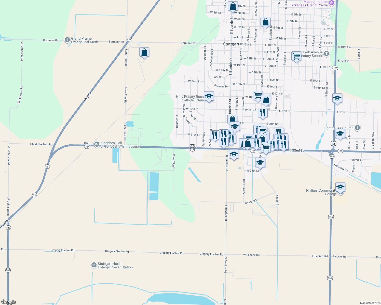 map of restaurants, bars, coffee shops, grocery stores, and more near 1107 West 22nd Street in Stuttgart