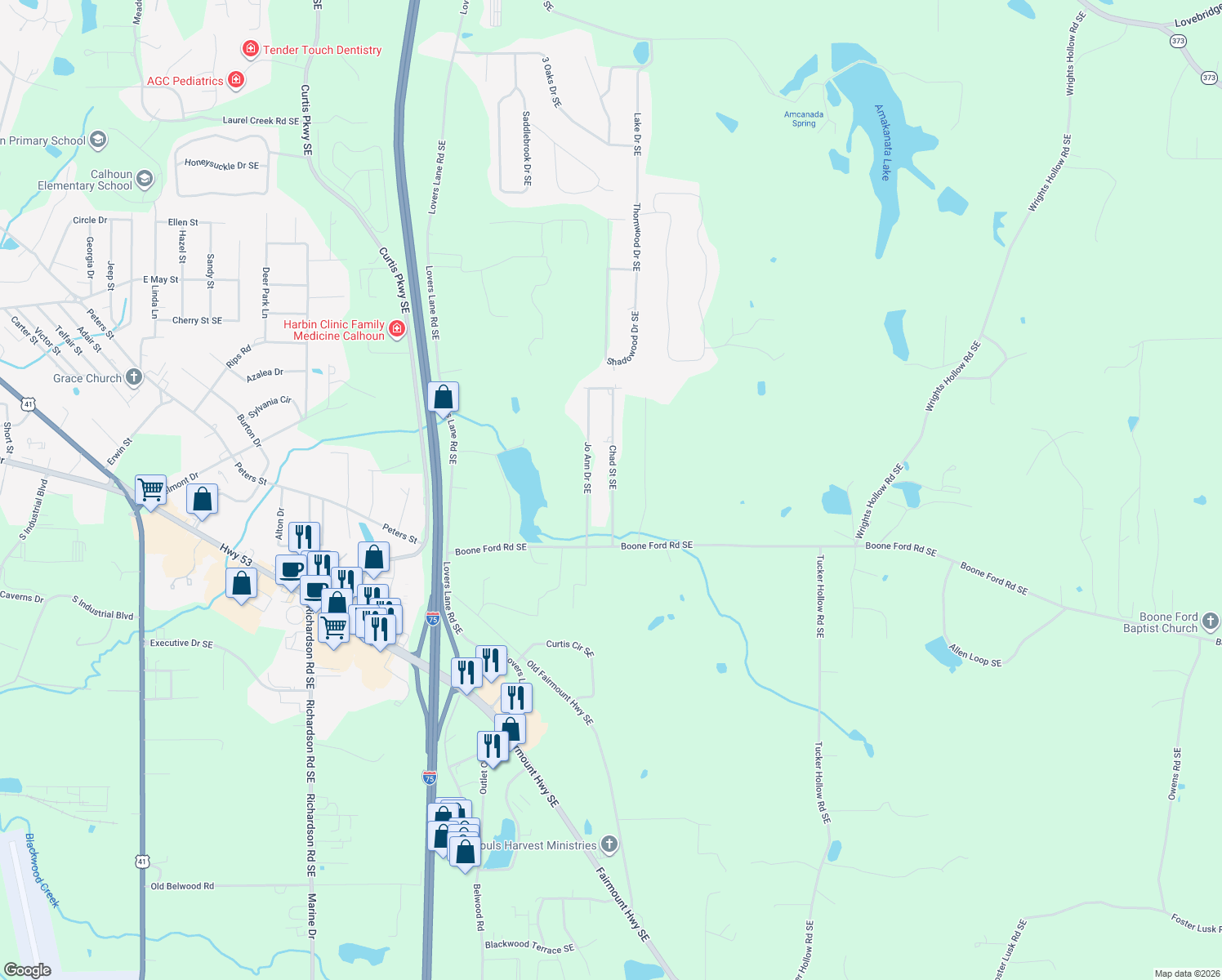 map of restaurants, bars, coffee shops, grocery stores, and more near 153 Jo Ann Drive Southeast in Calhoun
