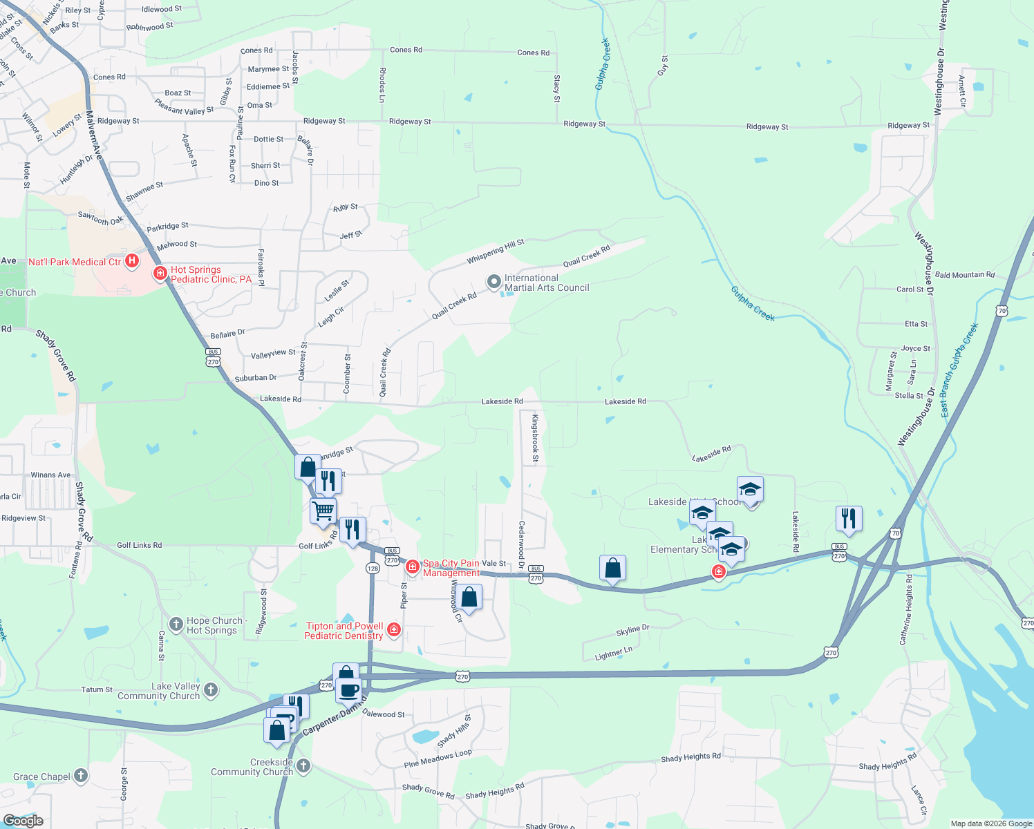 map of restaurants, bars, coffee shops, grocery stores, and more near 419 Cedarwood Drive in Hot Springs