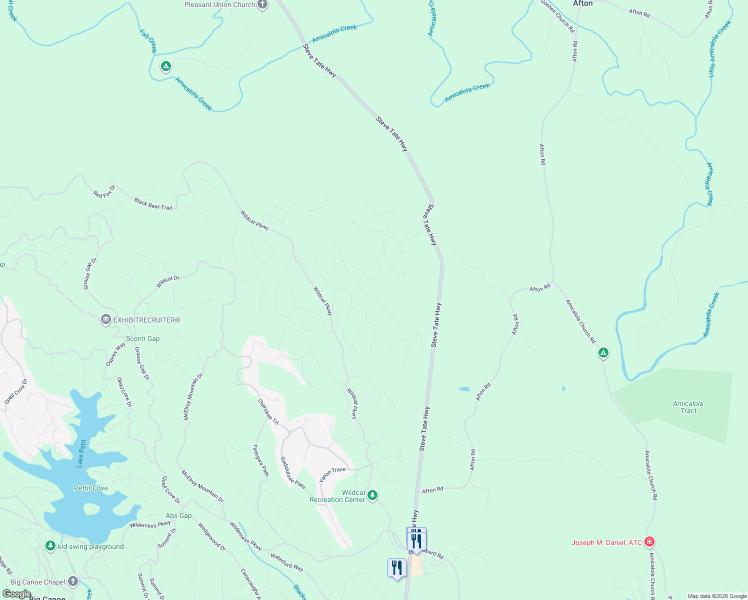 map of restaurants, bars, coffee shops, grocery stores, and more near Bluestern Drive in Dawson County