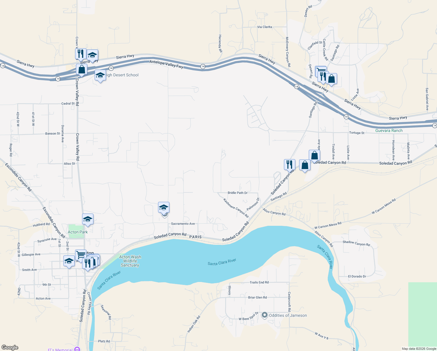 map of restaurants, bars, coffee shops, grocery stores, and more near 2545 Soledad Canyon Road in Acton
