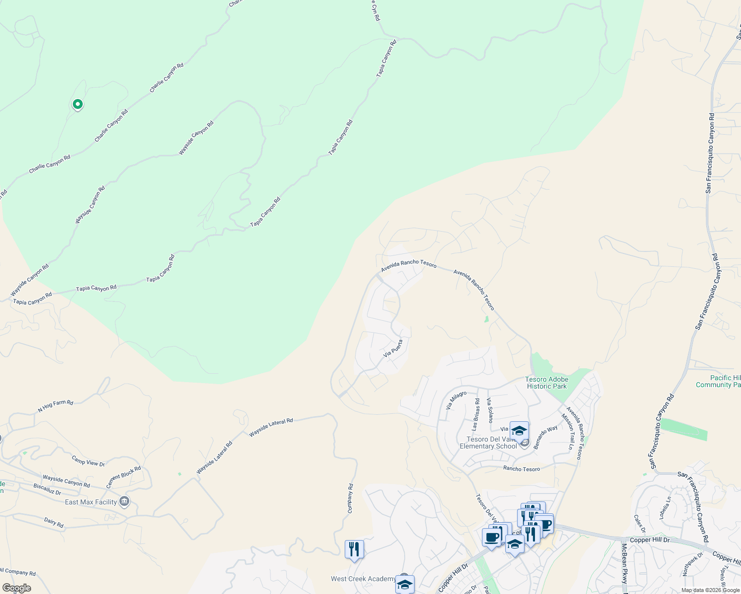 map of restaurants, bars, coffee shops, grocery stores, and more near 29575 Paseo Guijarro in Green Valley