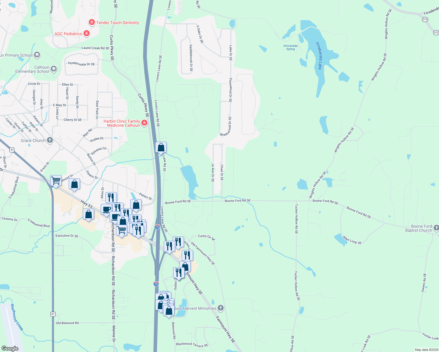 map of restaurants, bars, coffee shops, grocery stores, and more near 206 Chad Street Southeast in Calhoun