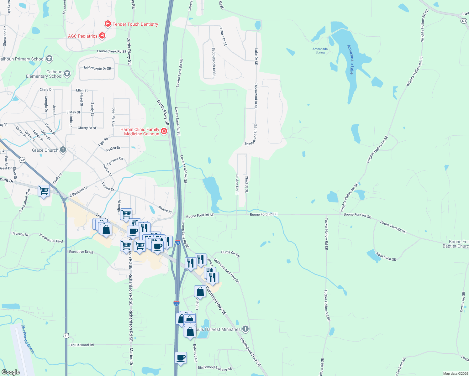 map of restaurants, bars, coffee shops, grocery stores, and more near 220 Jo Ann Drive Southeast in Calhoun