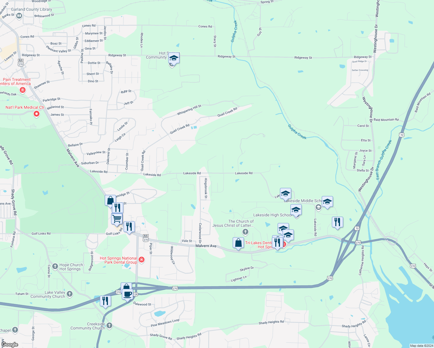 map of restaurants, bars, coffee shops, grocery stores, and more near 800 Lakeside Road in Hot Springs