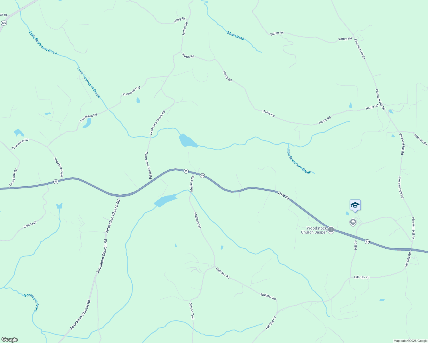 map of restaurants, bars, coffee shops, grocery stores, and more near 6536 Highway 53 in Jasper