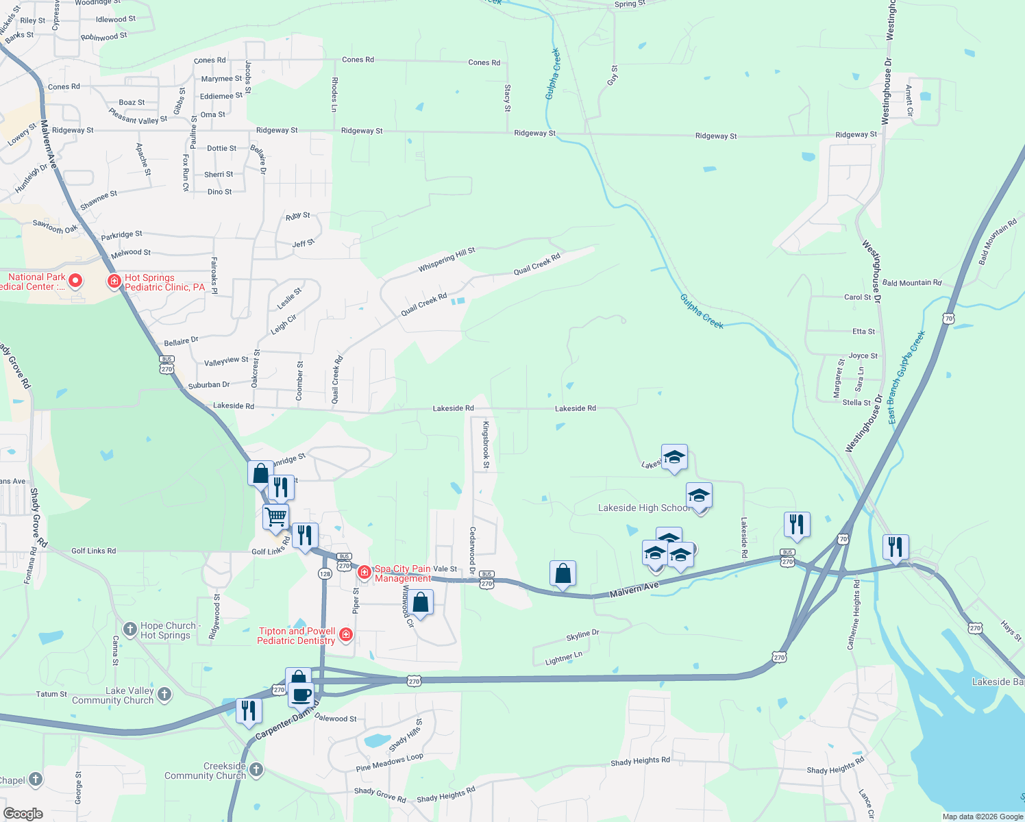 map of restaurants, bars, coffee shops, grocery stores, and more near 800 Lakeside Road in Hot Springs
