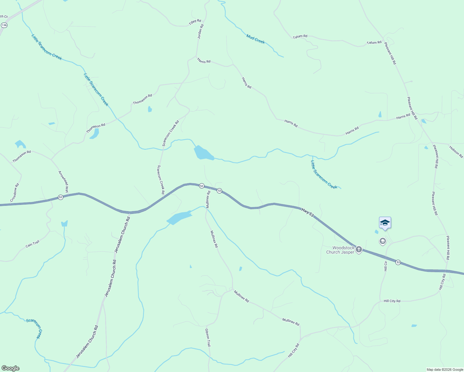 map of restaurants, bars, coffee shops, grocery stores, and more near 6536 Highway 53 in Jasper