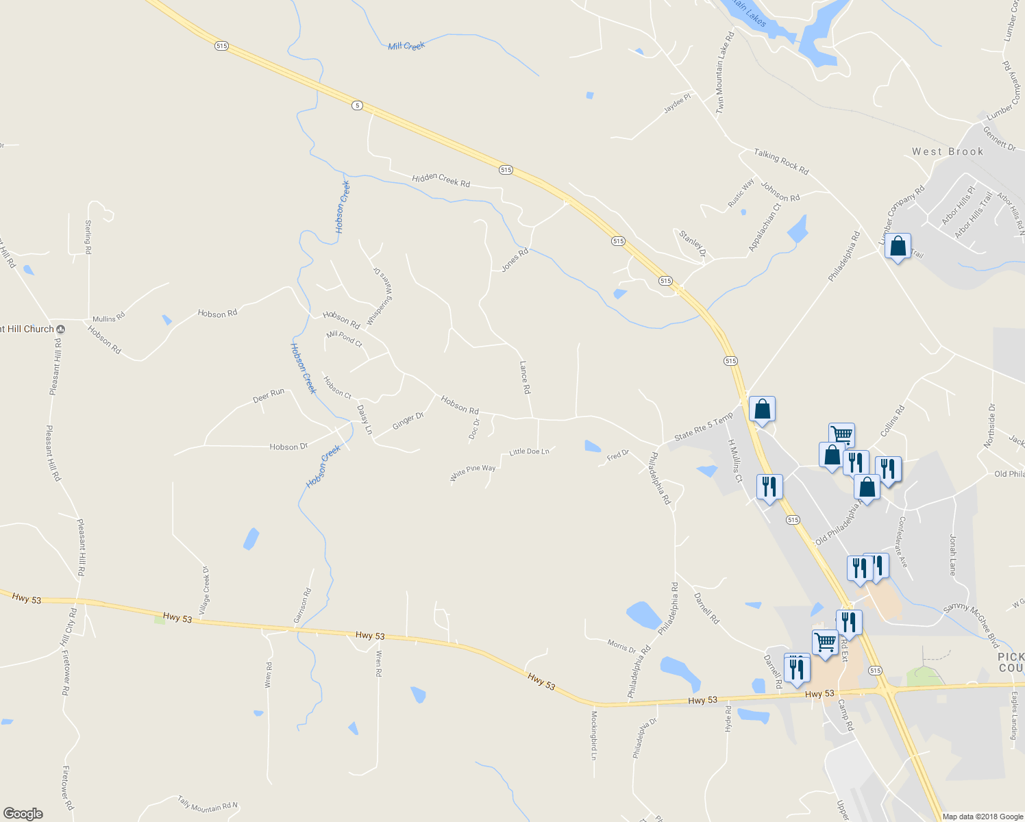 map of restaurants, bars, coffee shops, grocery stores, and more near 594 Hobson Road in Jasper