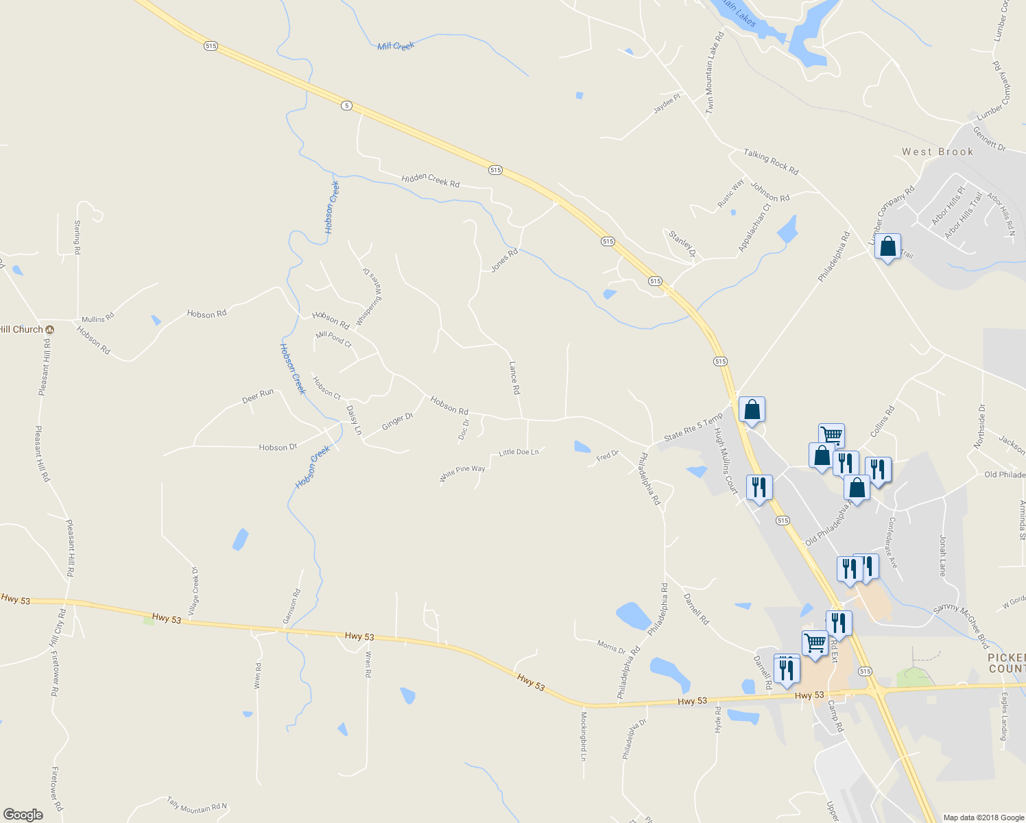 map of restaurants, bars, coffee shops, grocery stores, and more near 41 Lance Road in Jasper