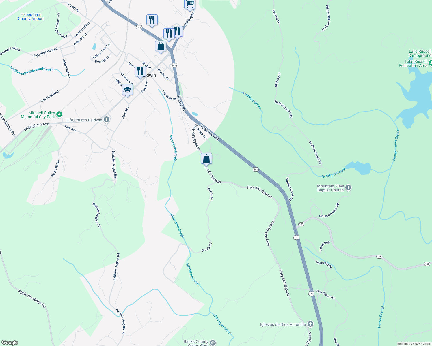 map of restaurants, bars, coffee shops, grocery stores, and more near 6804 Highway 441 Bypass in Baldwin