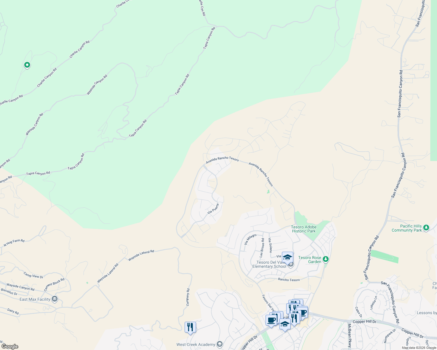 map of restaurants, bars, coffee shops, grocery stores, and more near 29606 Paseo Capilla in Santa Clarita