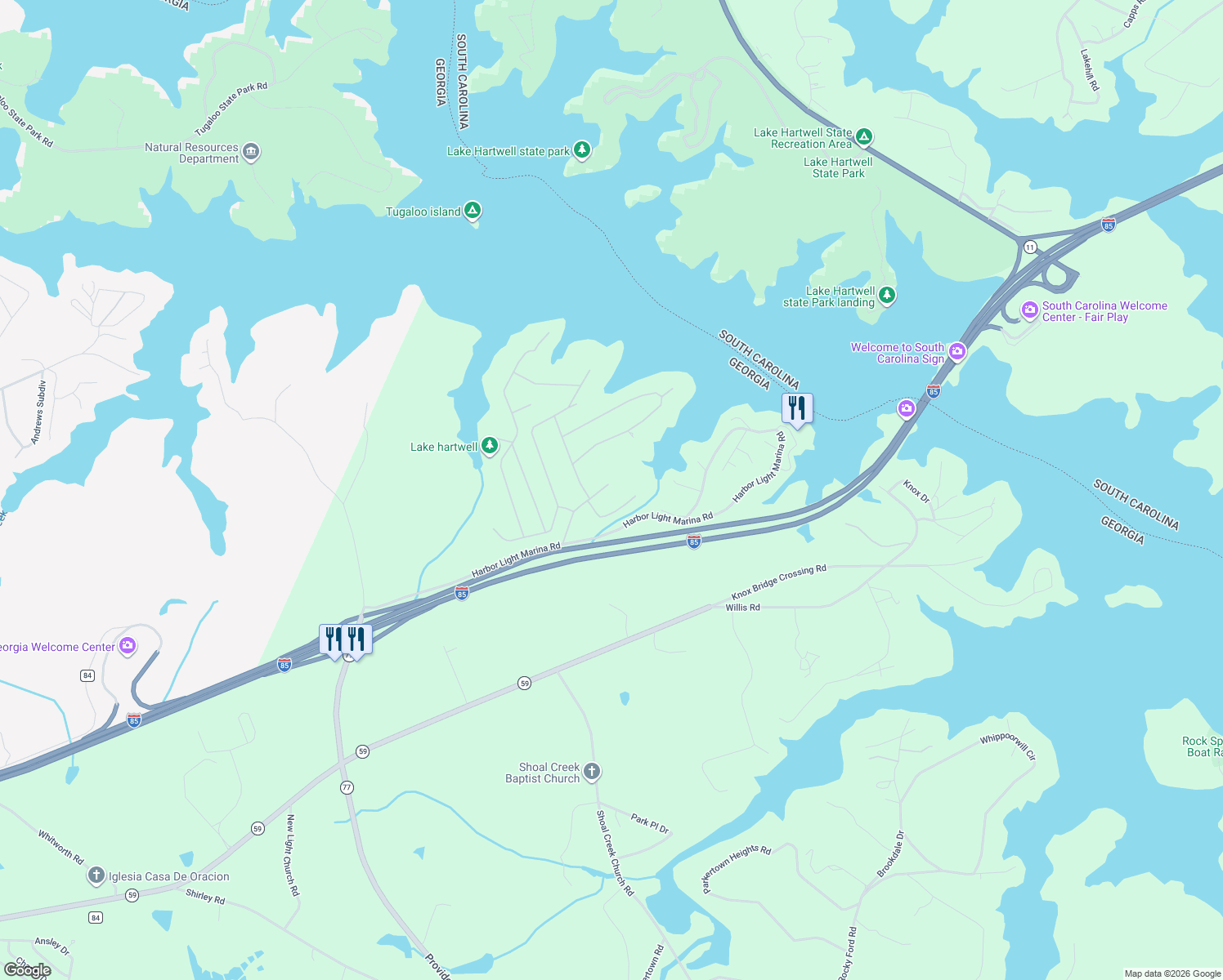map of restaurants, bars, coffee shops, grocery stores, and more near 233 Harbor Heights Circle in Lavonia