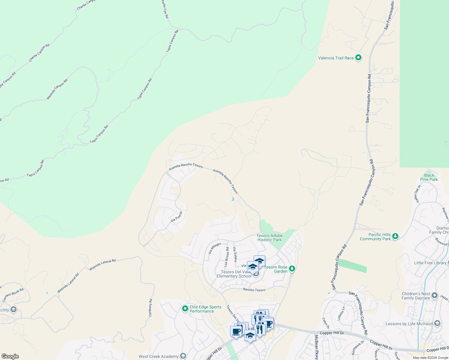 map of restaurants, bars, coffee shops, grocery stores, and more near San Francisquito Motorway in Santa Clarita