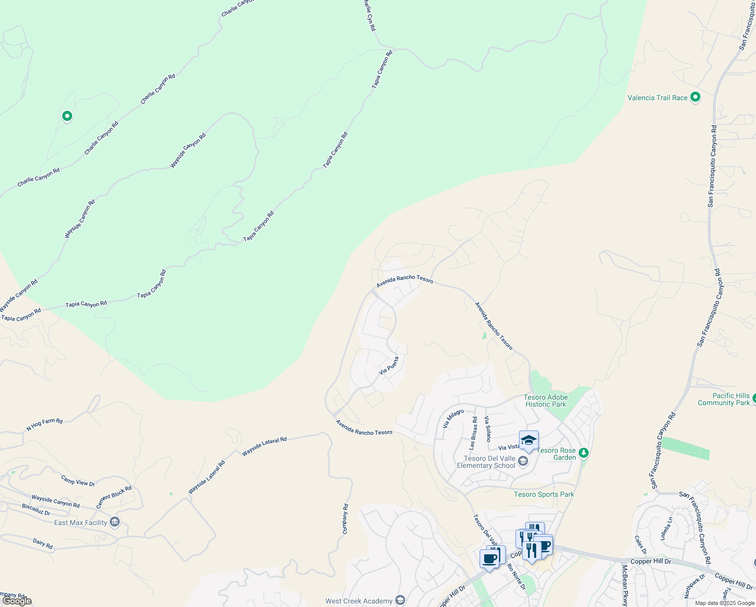 map of restaurants, bars, coffee shops, grocery stores, and more near San Francisquito Mtwy in Santa Clarita