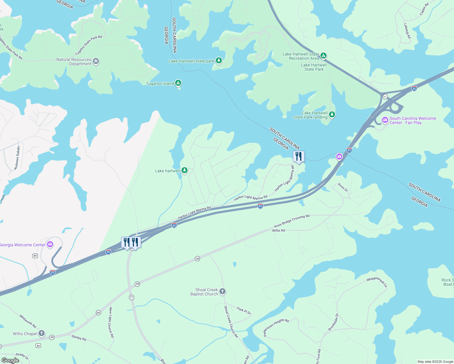 map of restaurants, bars, coffee shops, grocery stores, and more near 233 Harbor Heights Circle in Lavonia
