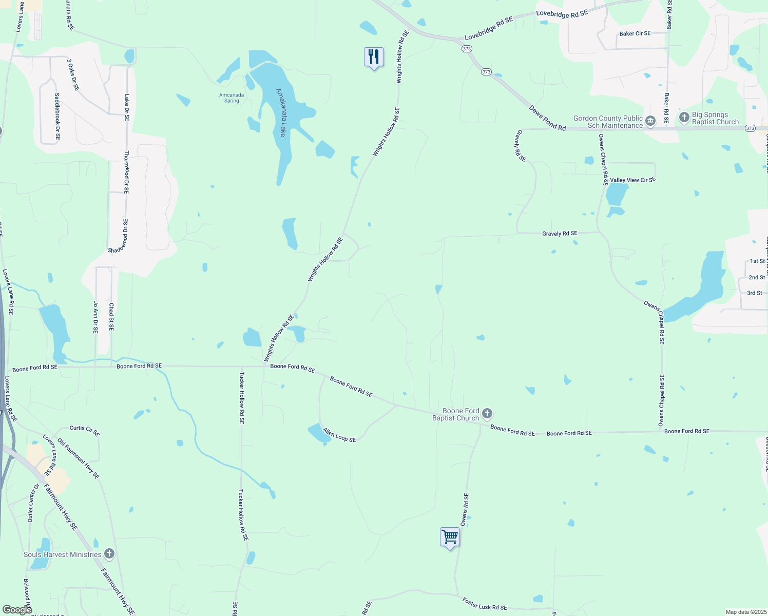 map of restaurants, bars, coffee shops, grocery stores, and more near 110 Granny Smith Drive Southeast in Calhoun