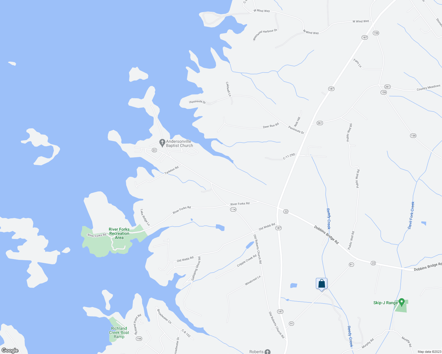 map of restaurants, bars, coffee shops, grocery stores, and more near 6436 Dobbins Bridge Road in Anderson