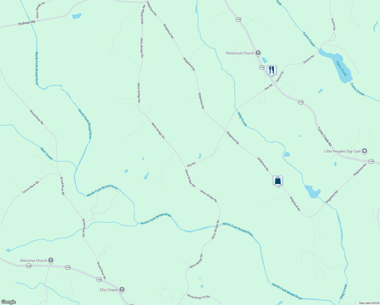 map of restaurants, bars, coffee shops, grocery stores, and more near 2007 Akins Bridge Road in Eastanollee