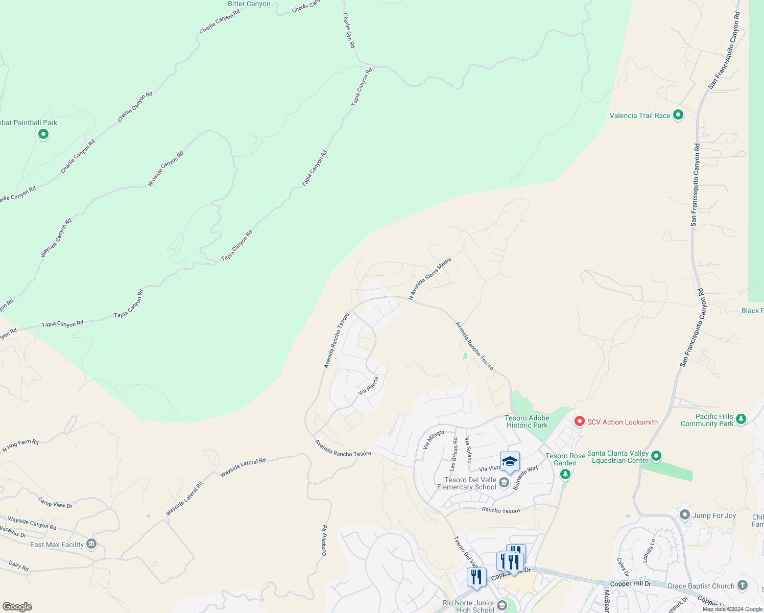 map of restaurants, bars, coffee shops, grocery stores, and more near in Santa Clarita