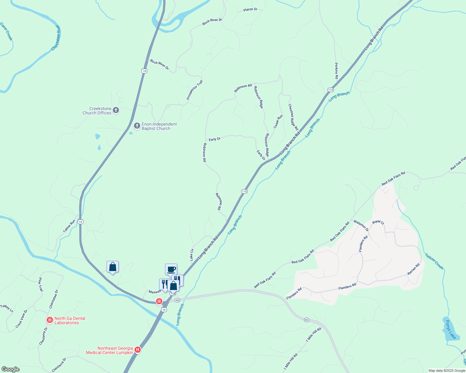 map of restaurants, bars, coffee shops, grocery stores, and more near 1077 Long Branch Road in Dahlonega