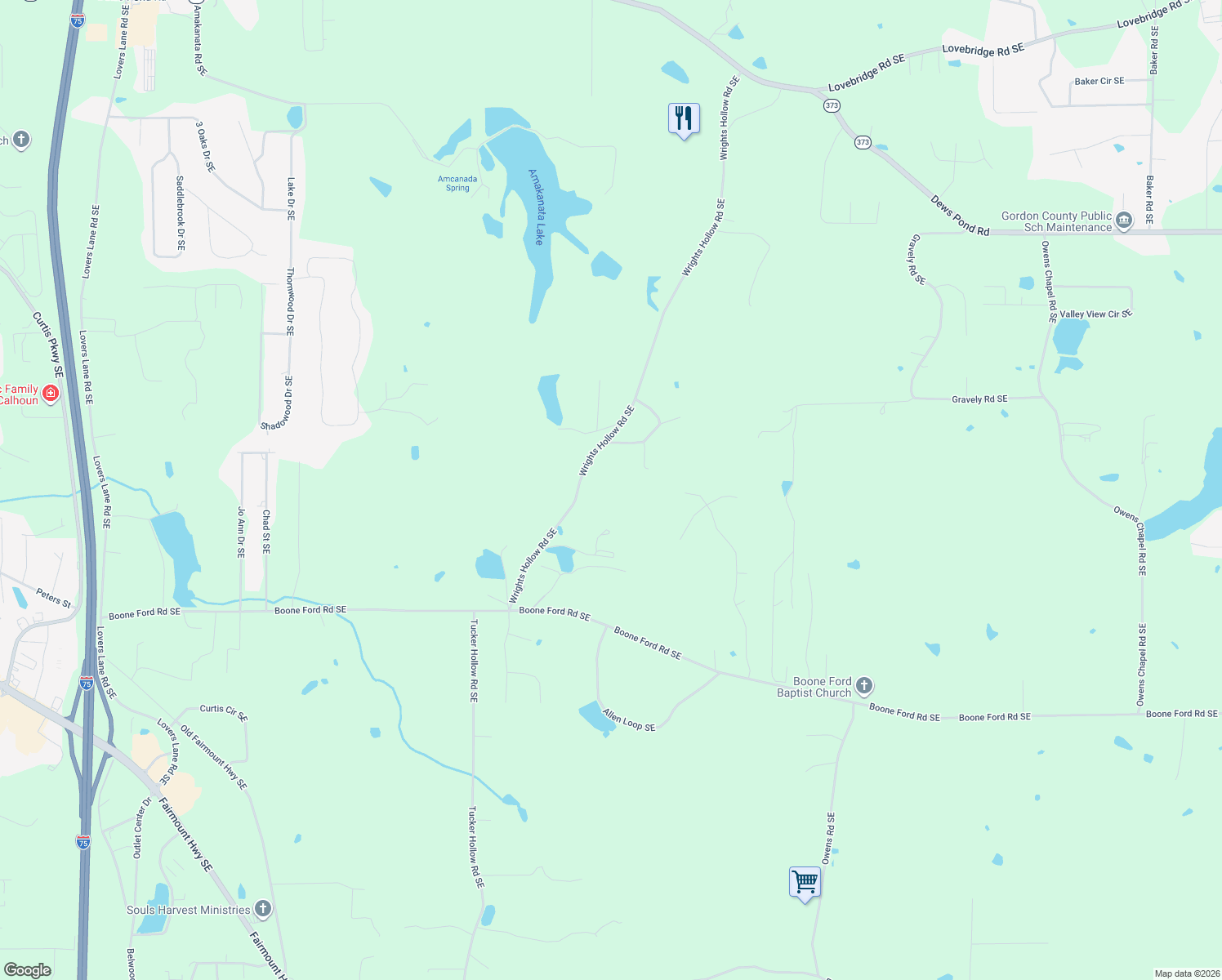 map of restaurants, bars, coffee shops, grocery stores, and more near 834 Wrights Hollow Road Southeast in Calhoun