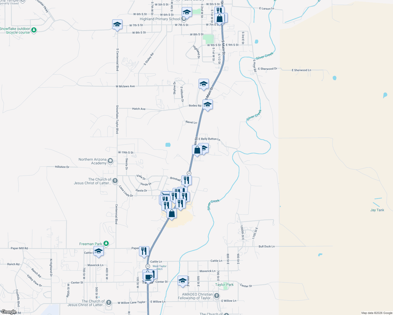 map of restaurants, bars, coffee shops, grocery stores, and more near 1967 South Main Street in Snowflake