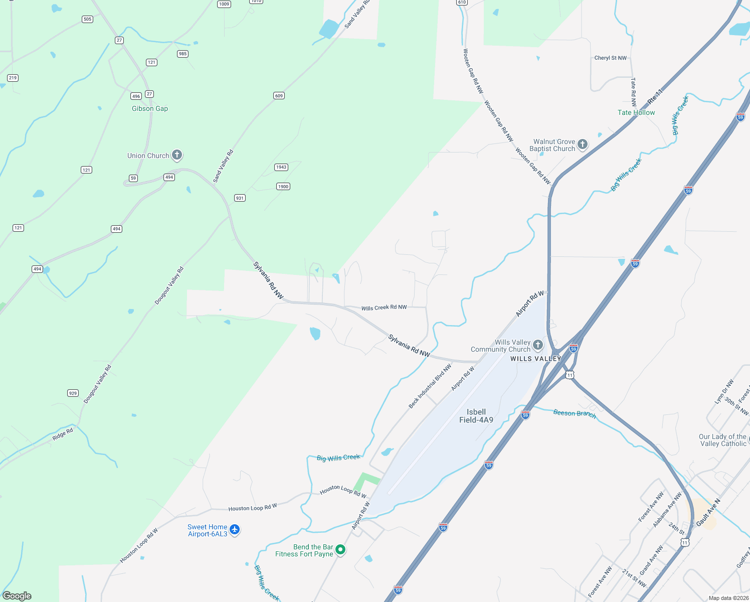 map of restaurants, bars, coffee shops, grocery stores, and more near 1905 Wills Creek Rd NW in Fort Payne