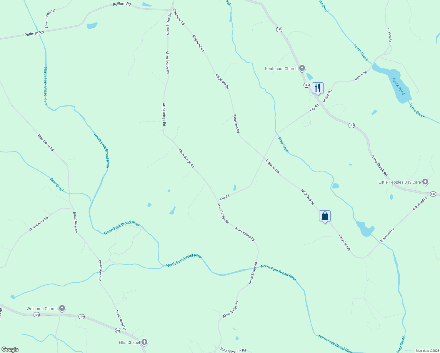 map of restaurants, bars, coffee shops, grocery stores, and more near 2007 Akins Bridge Road in Eastanollee