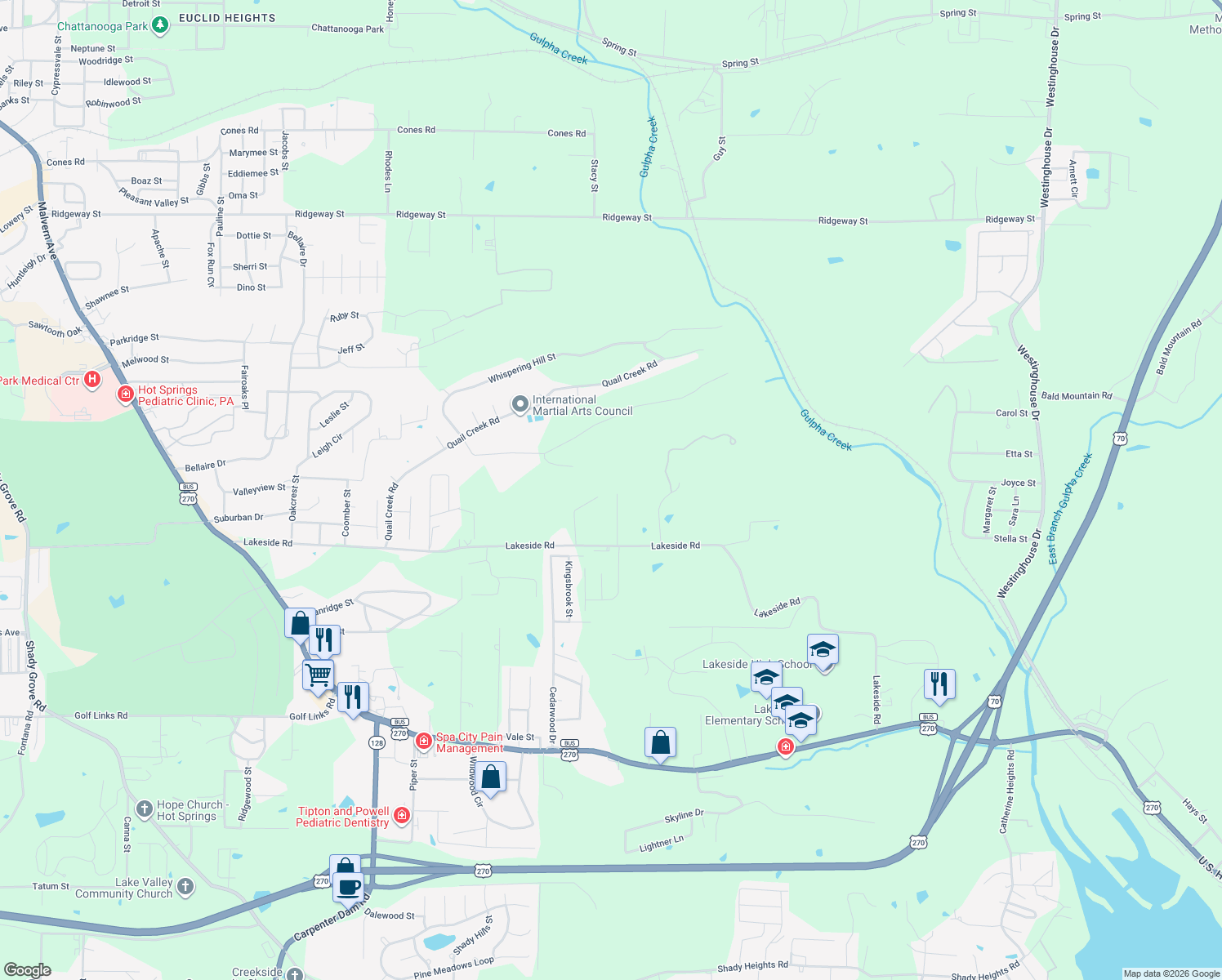 map of restaurants, bars, coffee shops, grocery stores, and more near 185 Hillside Place in Garland County