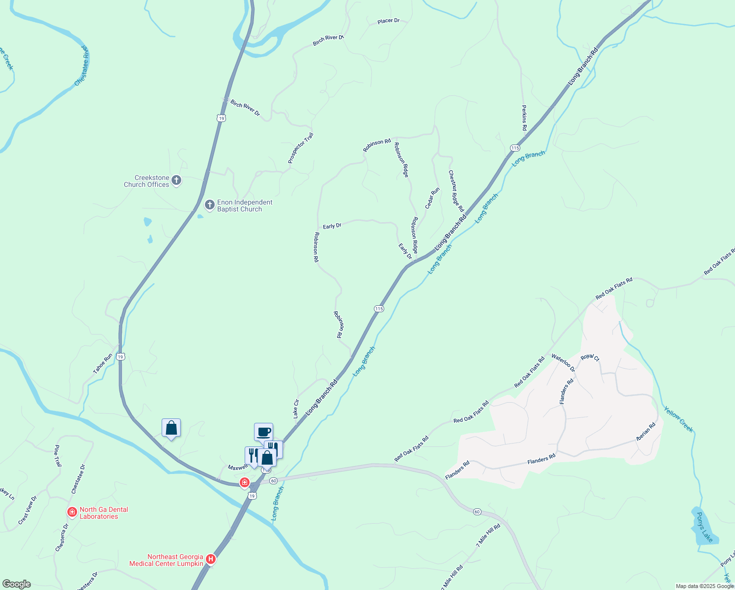 map of restaurants, bars, coffee shops, grocery stores, and more near 1077 Long Branch Road in Dahlonega