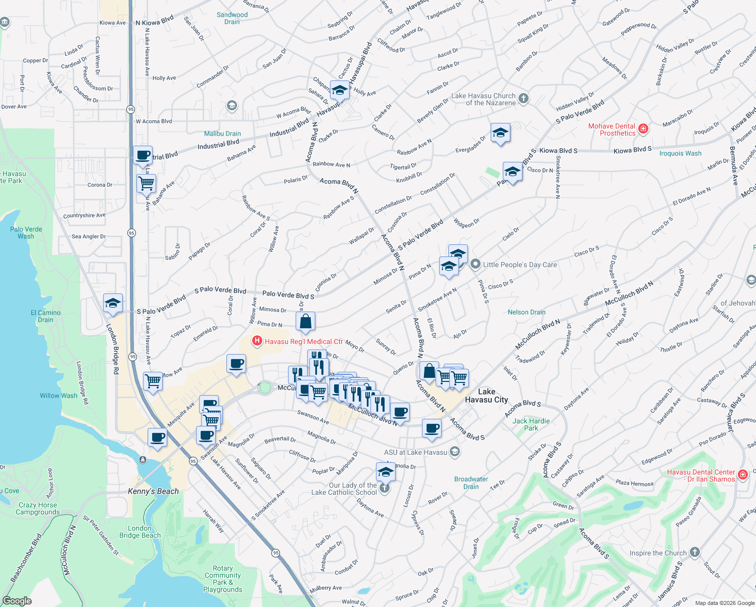 map of restaurants, bars, coffee shops, grocery stores, and more near 2154 Pima Drive North in Lake Havasu City