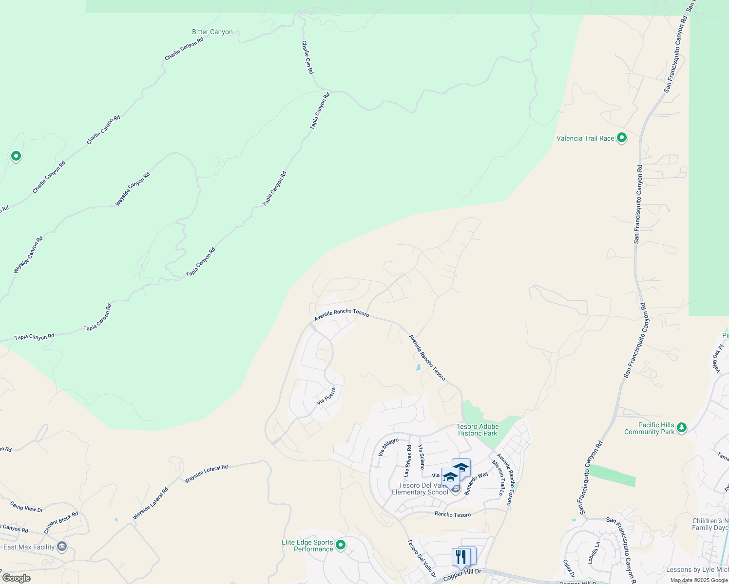 map of restaurants, bars, coffee shops, grocery stores, and more near 24339 Calle la Roca in Green Valley