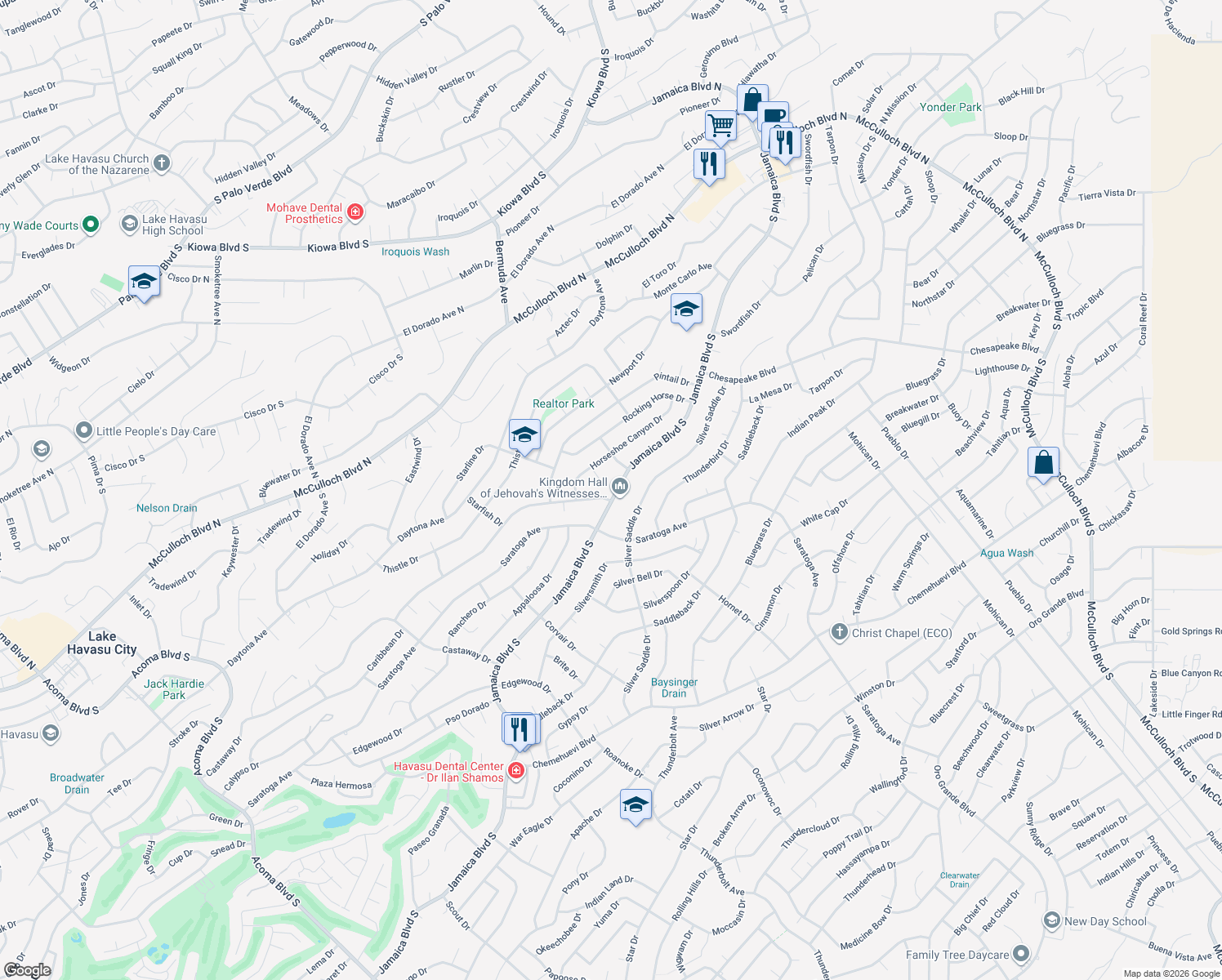 map of restaurants, bars, coffee shops, grocery stores, and more near 3207 Jamaica Boulevard South in Lake Havasu City