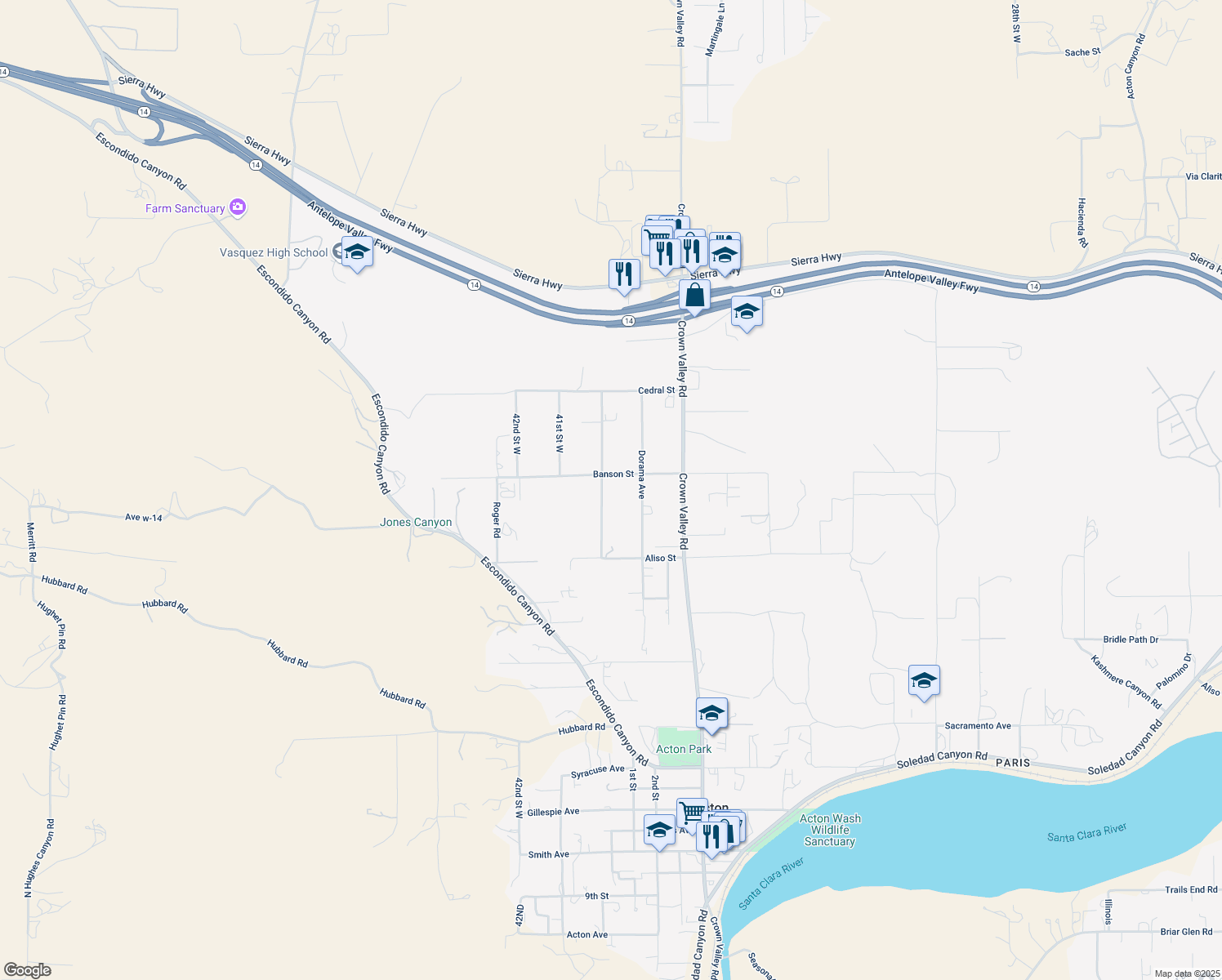 map of restaurants, bars, coffee shops, grocery stores, and more near 32942 Acklins Avenue in Acton