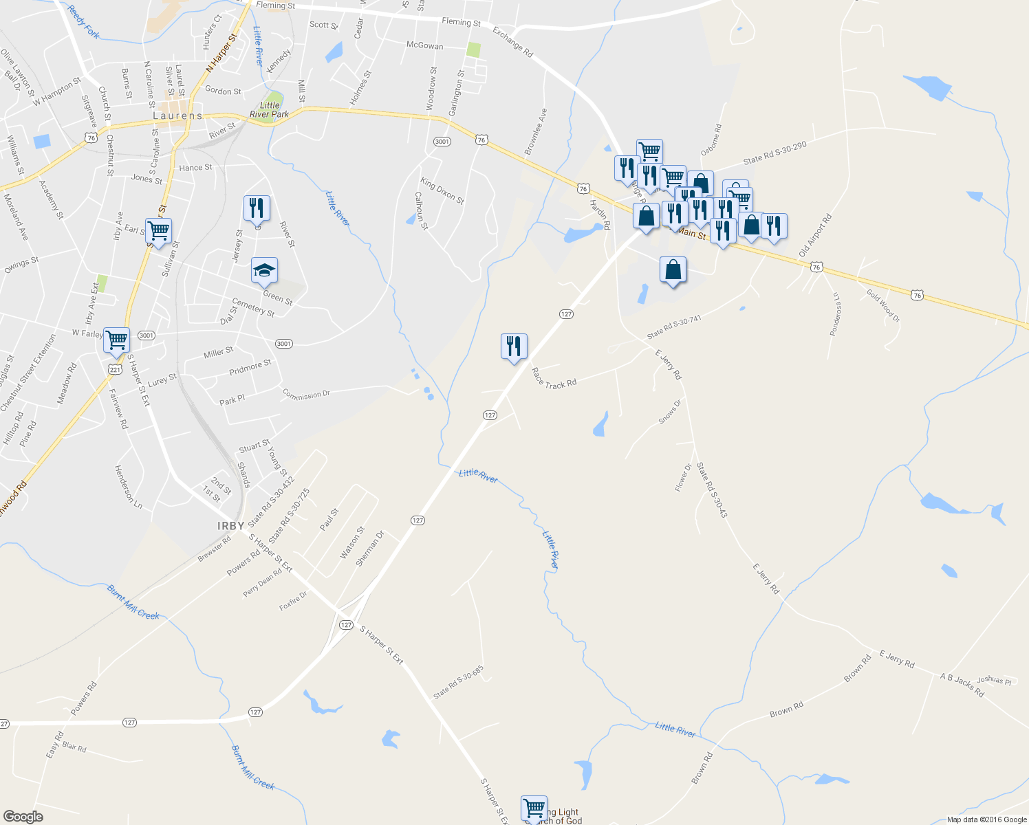 map of restaurants, bars, coffee shops, grocery stores, and more near Vic Scored Drive in Laurens